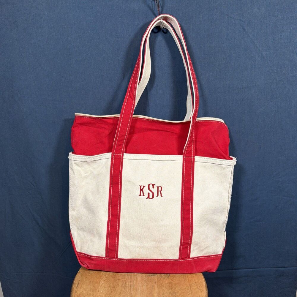 Vintage LL Bean Boat & Tote Bag Red Zip Top Long Handles Medium USA Made